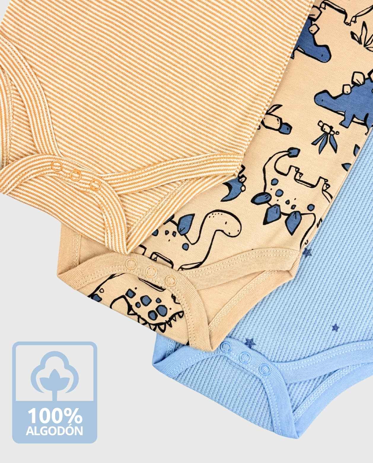 Set 3 Bodys Estampado Rayas Con Dinosaurios Algodón 