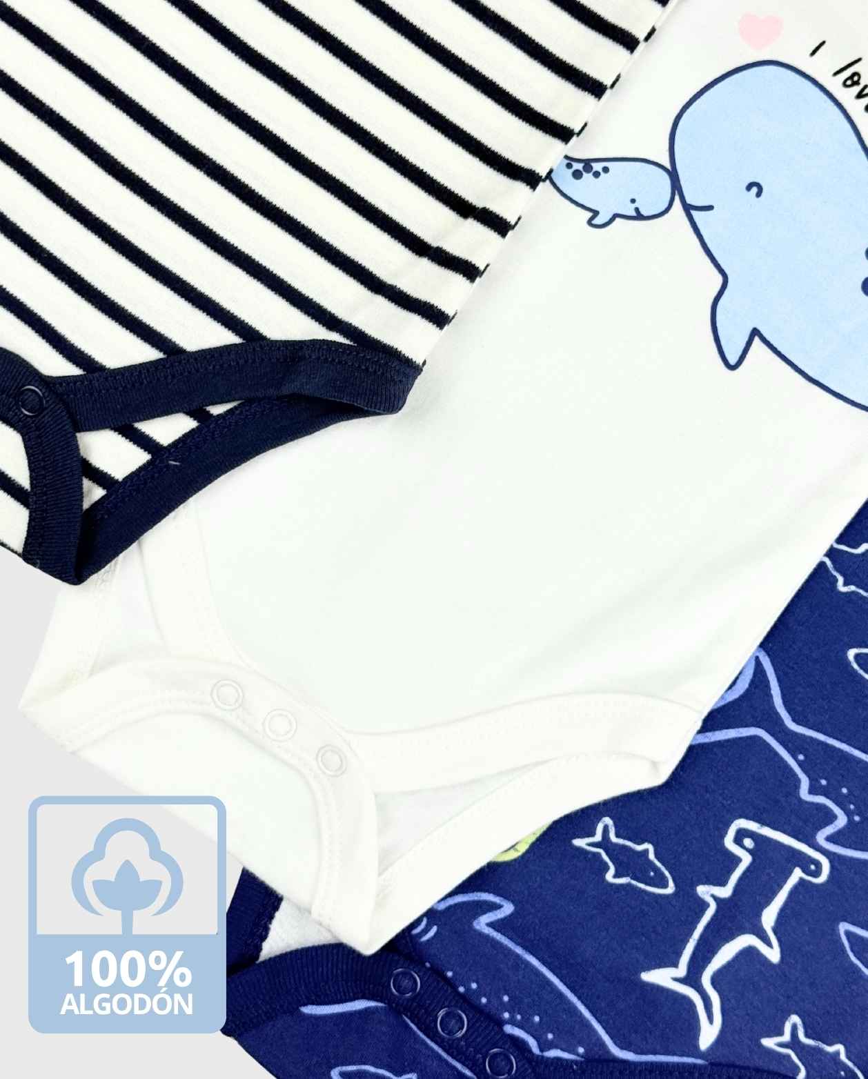 Set 3 Bodys Estampado Tiburón Azul Travesuras