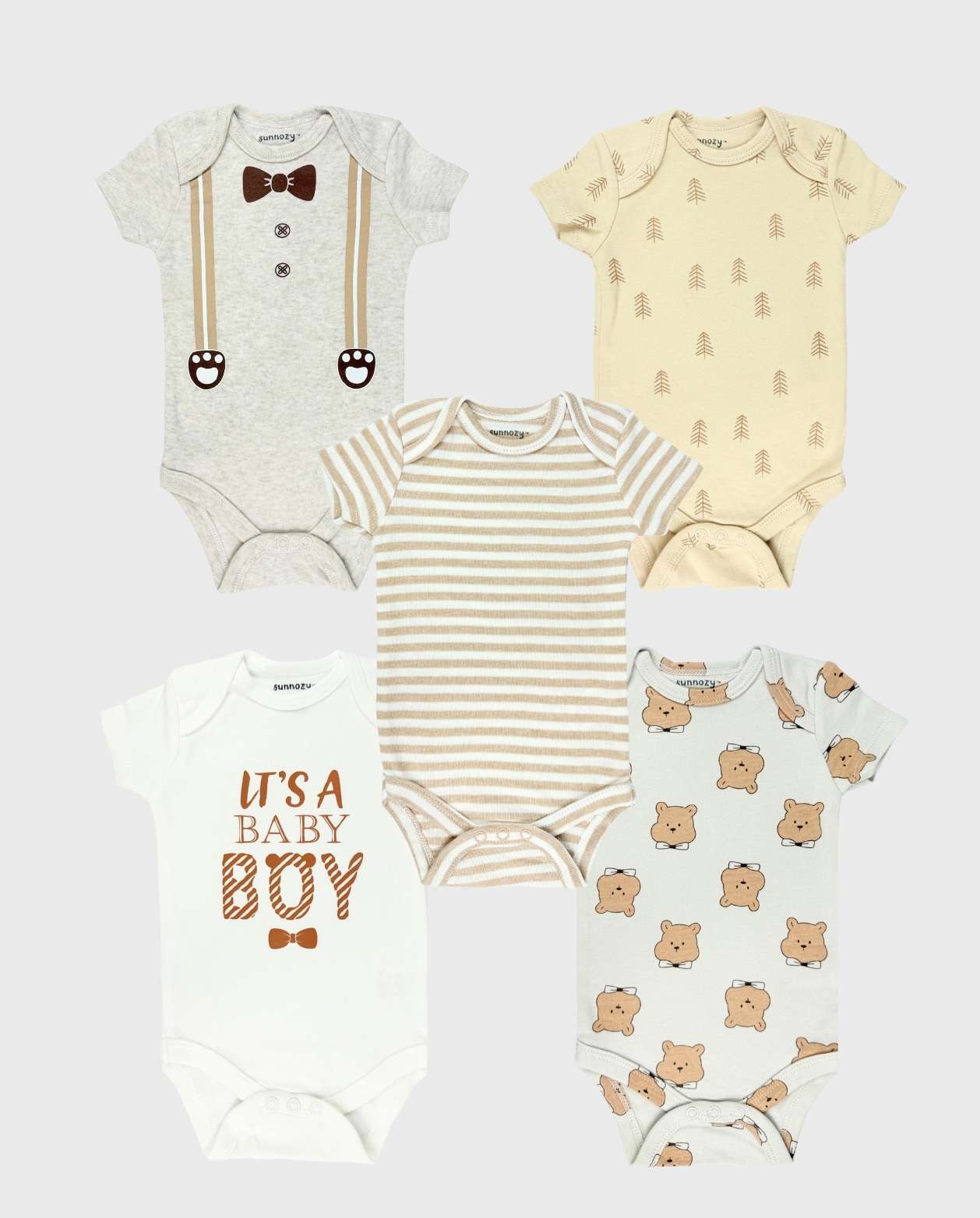 Set 5 Bodys Estampado Corbatín Oso beige