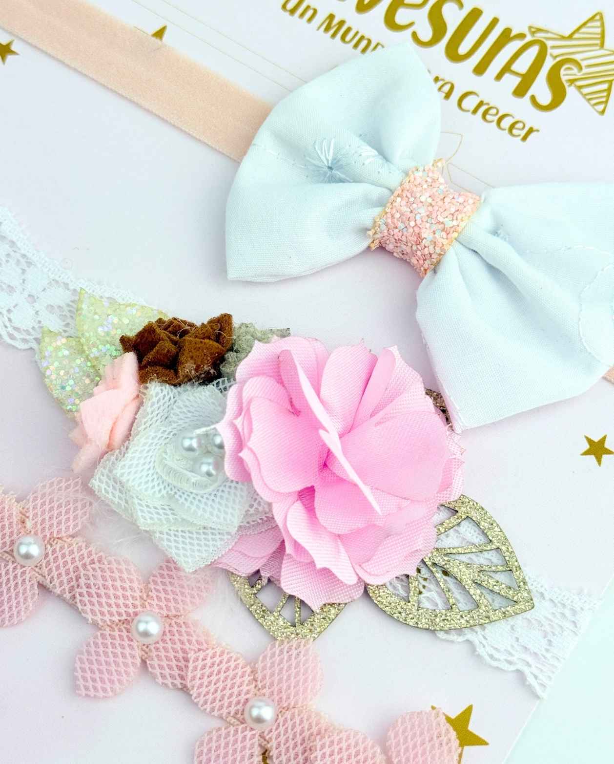 Set 3 Balacas Moños Y Flores Rosa Detalles