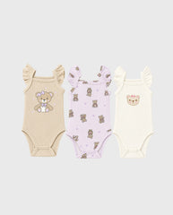 Set 3 Bodys Detalle Oso Bebé Niña beieg 