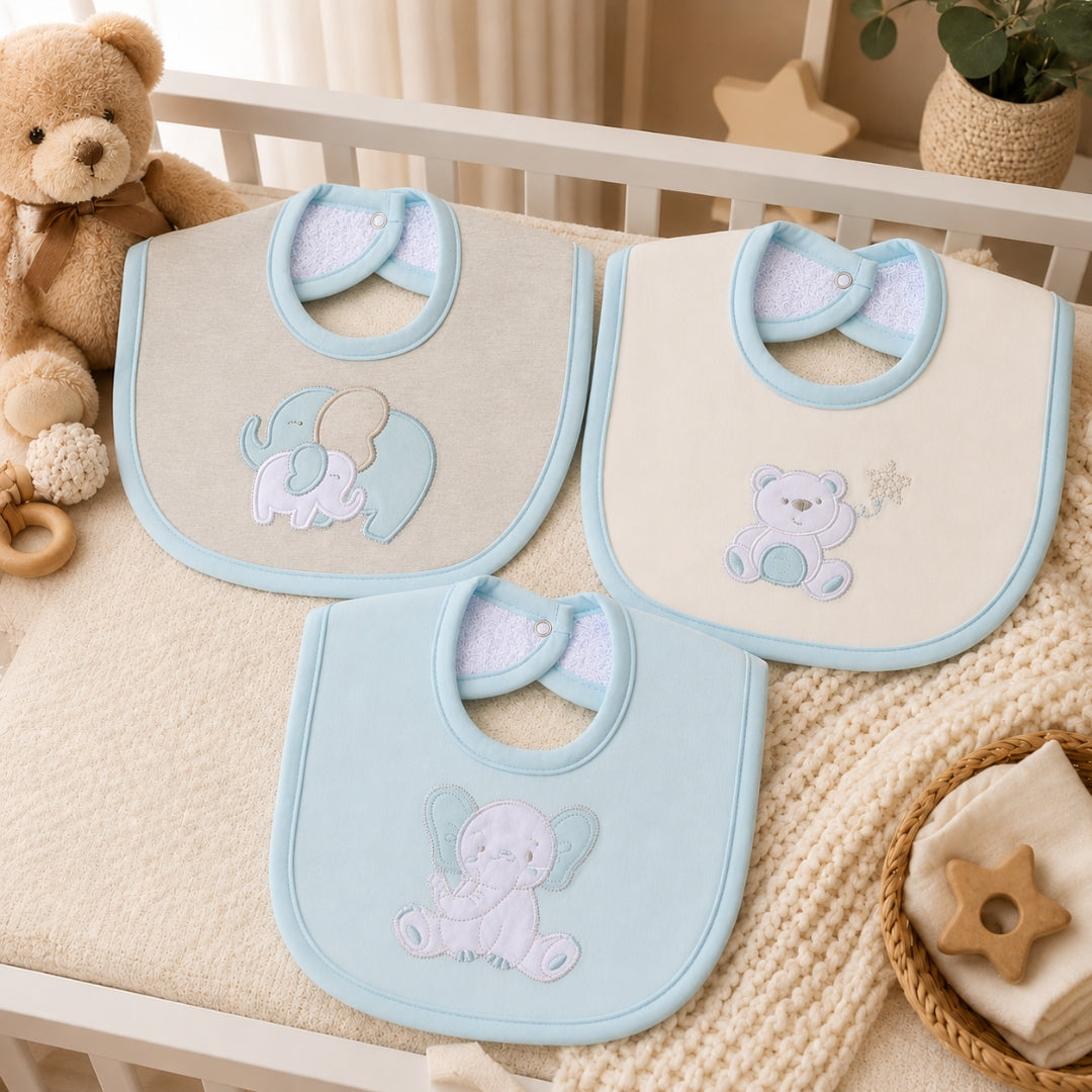 Set 3 Piezas Baberos Bordados El Bebé Feliz AZUL