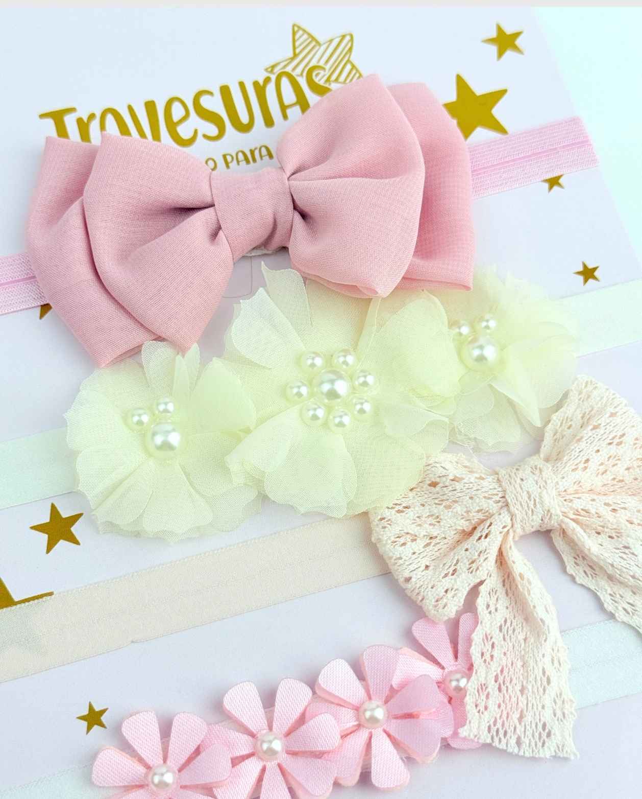 Set 4 Balacas Flores Lazo Rosa Pink