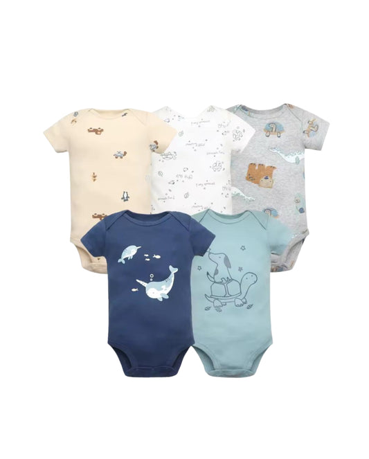 Set 5 Bodys Estampado Tortuga y Peces Azul