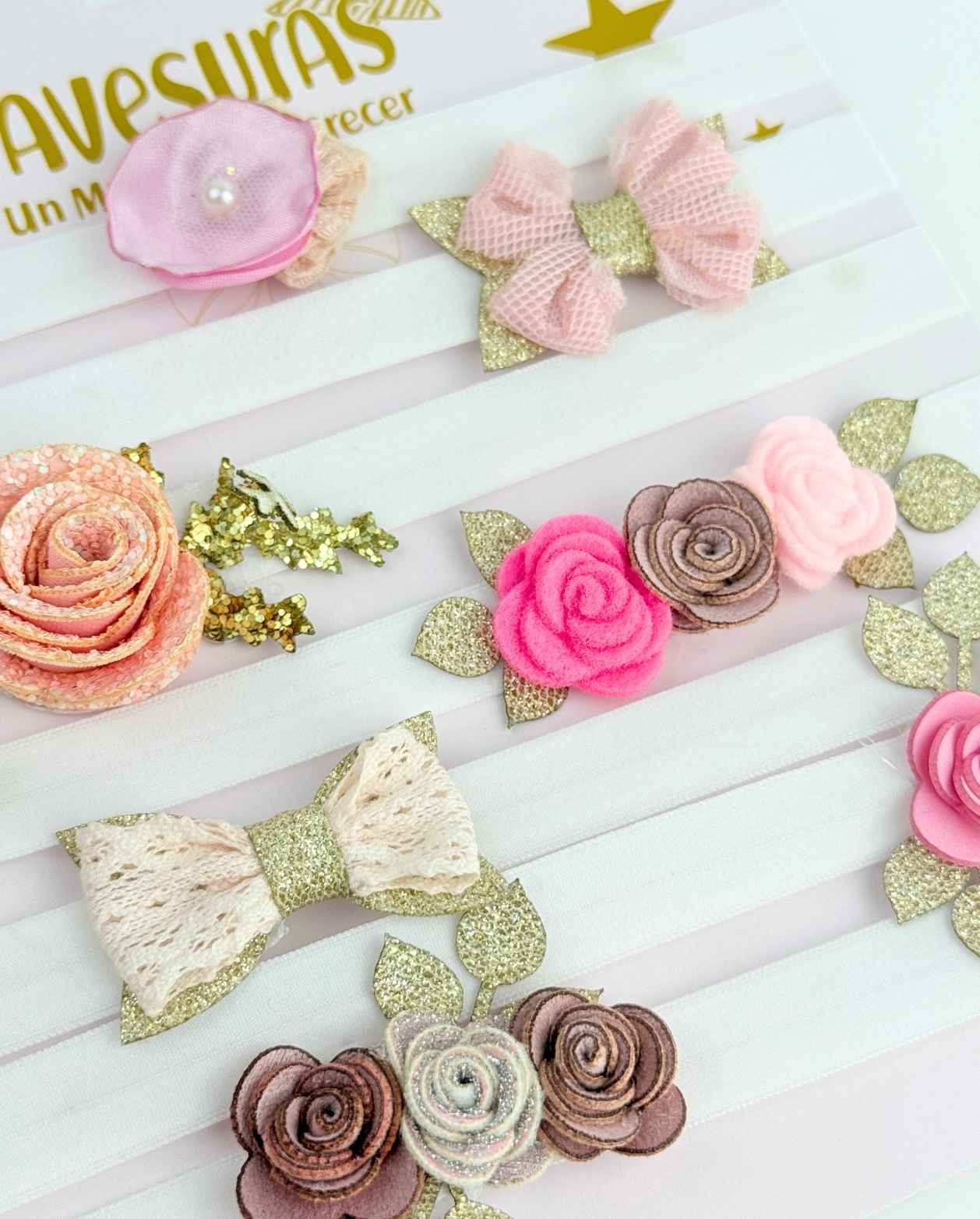 Set 7 Balacas Moños Y Flores Rosa