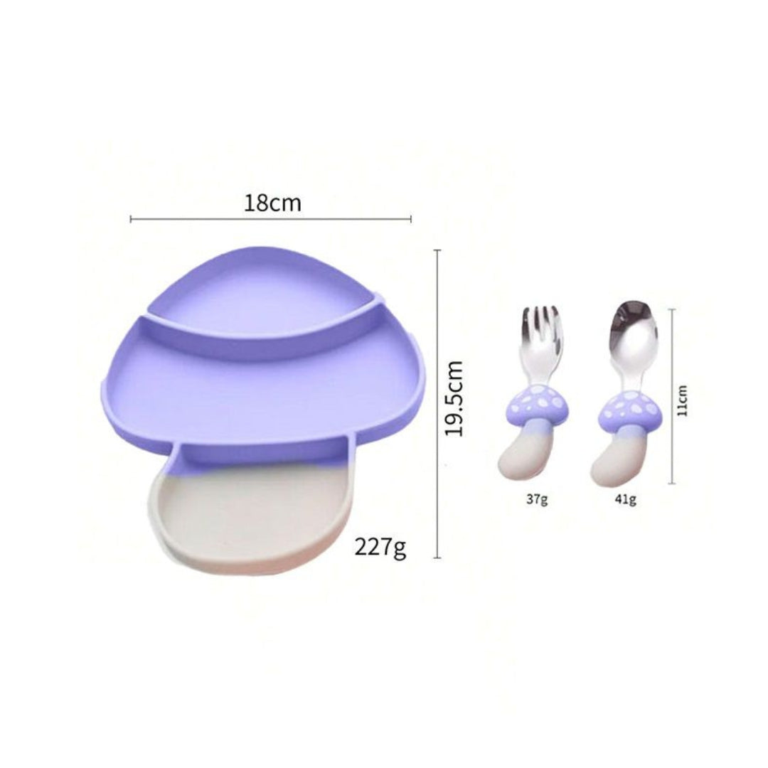 Set Plato y Cubiertos en Silicona Hongo lila