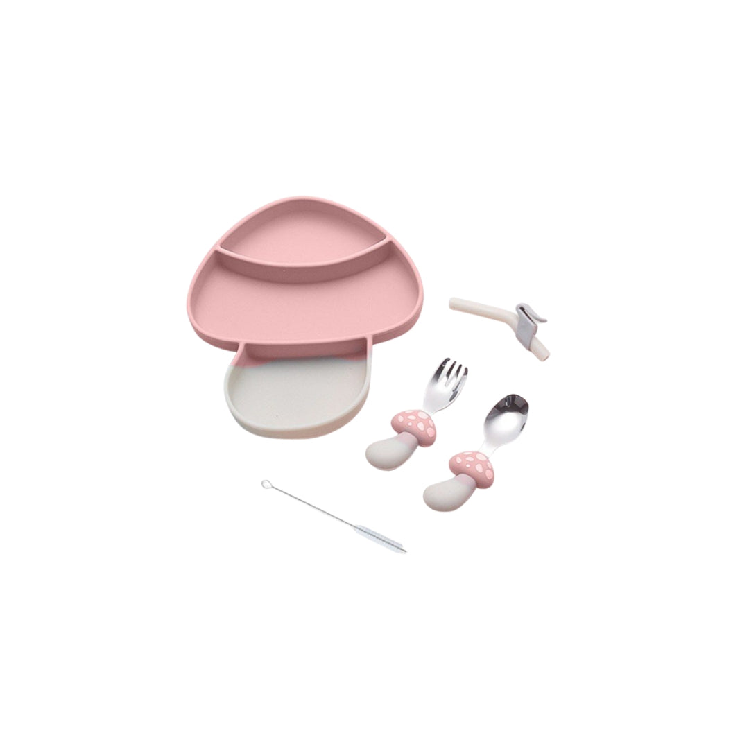 Set Plato y Cubiertos en Silicona Hongo rosa