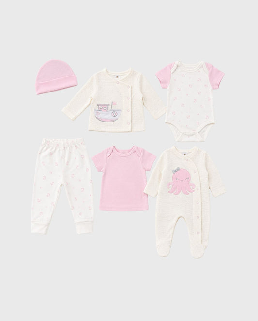 Set Primer Día Bordado Pulpo Rosa