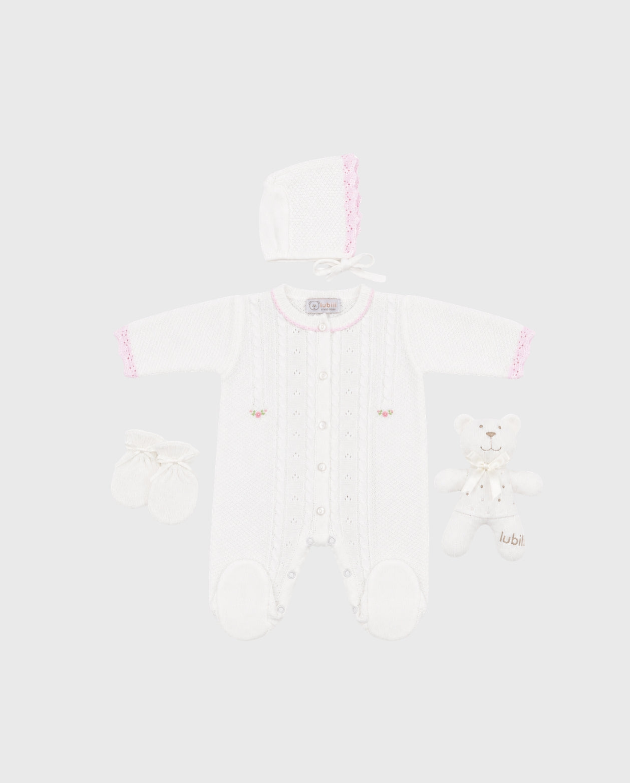 Set Primer Día Tejido Enterizo Detalles Flores Rosa diseño