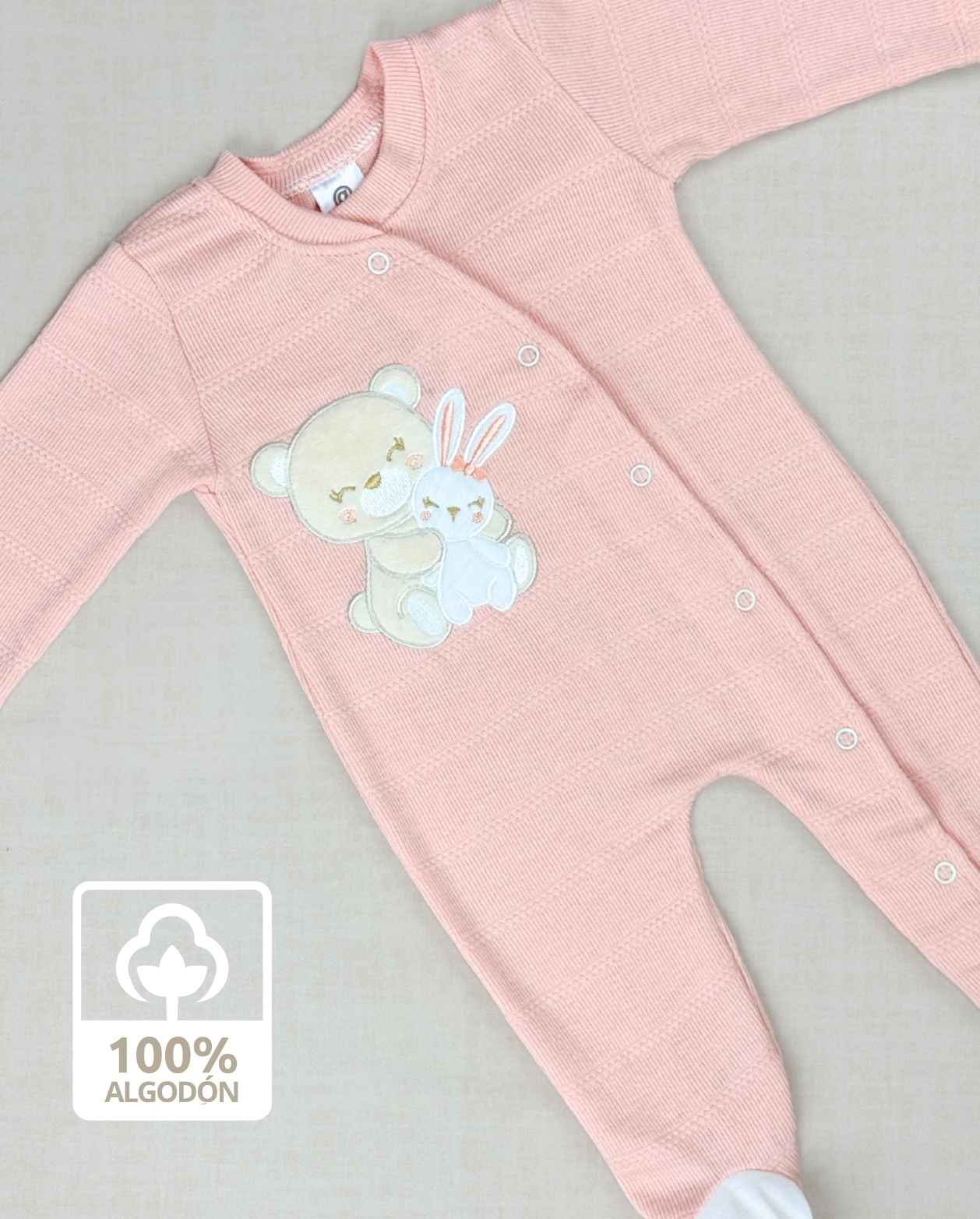 Set Primer Día Oso y Conejo Salmón Algodón 