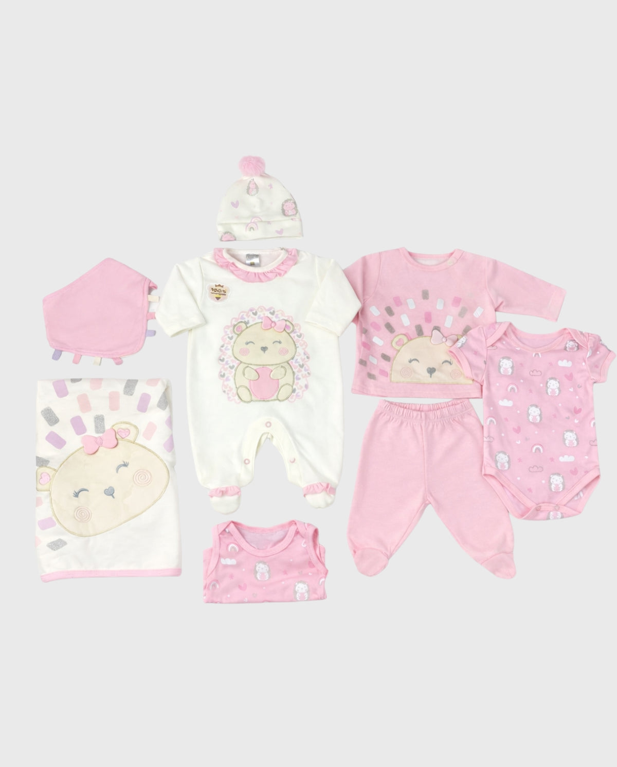 Set Primer Dia Oso Corazones Rosa