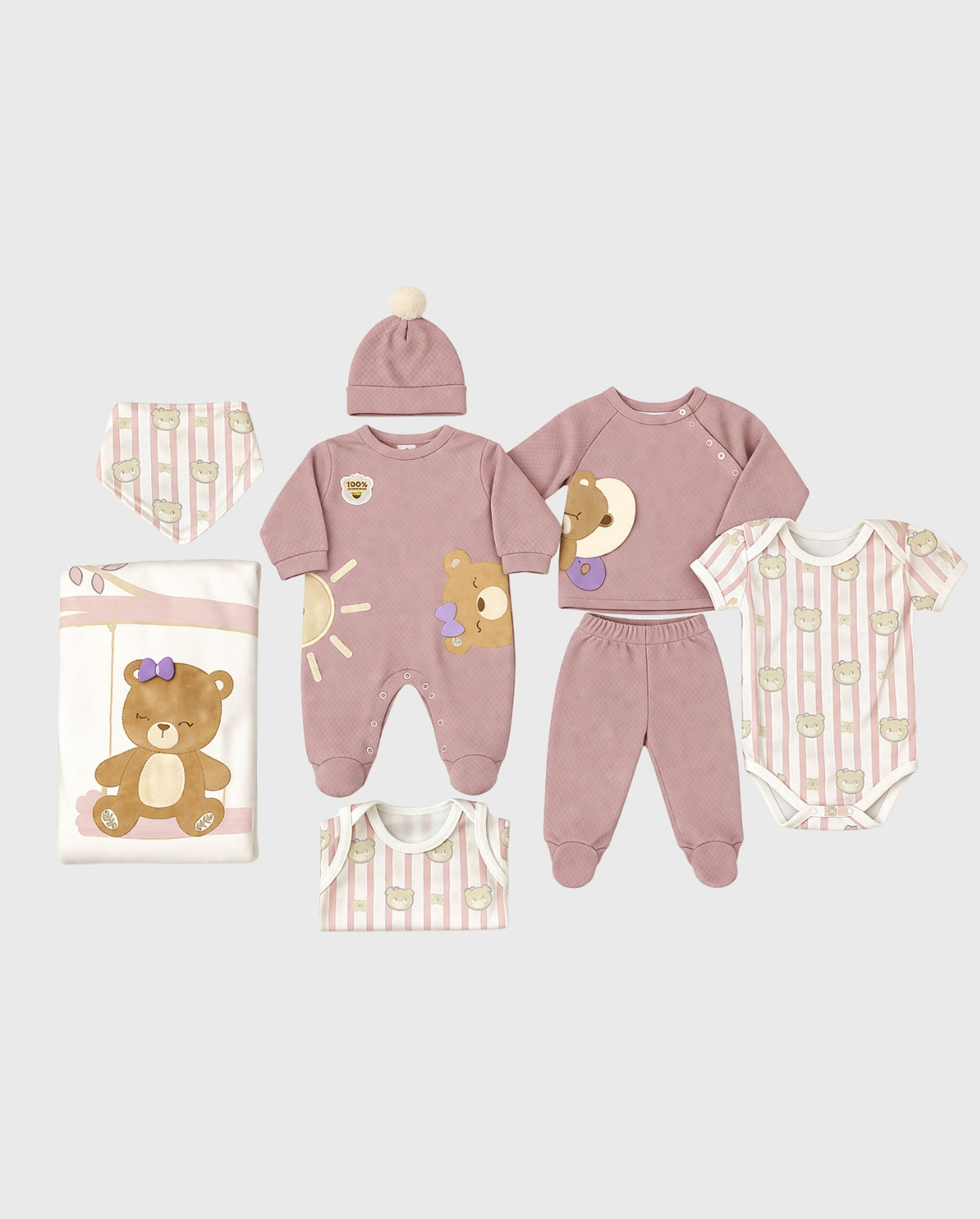 Set Primer Dia Rayas Osos Rosa