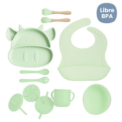 Set de Vajilla  Silicona Alimentación Vaca Verde