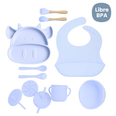 Set de Vajilla  Silicona Alimentación Vaca Azul