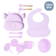 Set de Vajilla  Silicona Alimentación Vaca Lila Morado