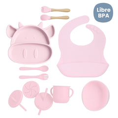 Set de Vajilla  Silicona Alimentación Vaca Rosado