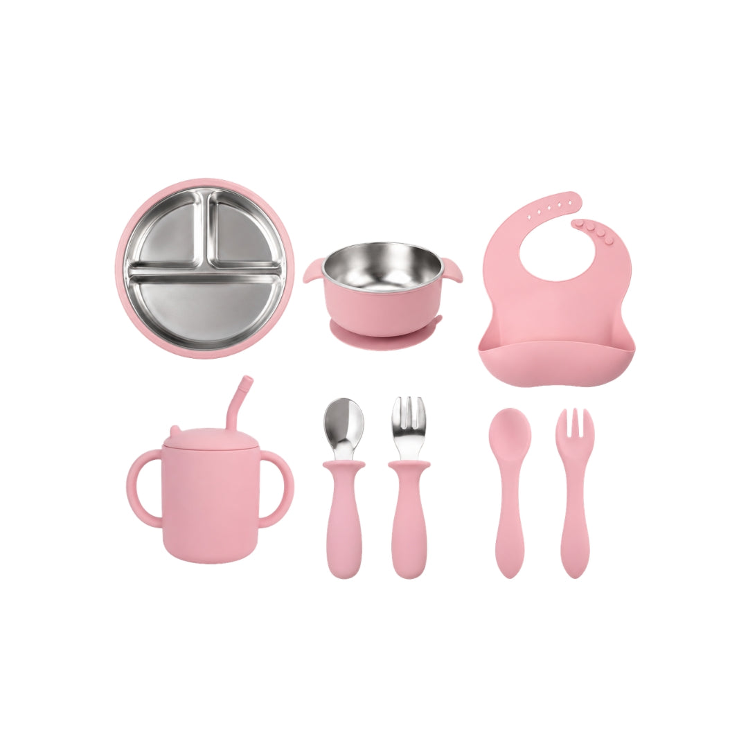 Set Vajilla en Acero inoxidable y Silicona  rosa
