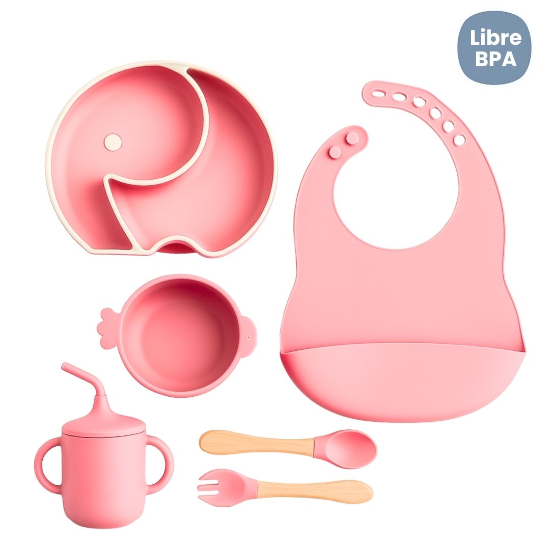 Set de Vajilla  Silicona Alimentación Silueta Elefante Pink