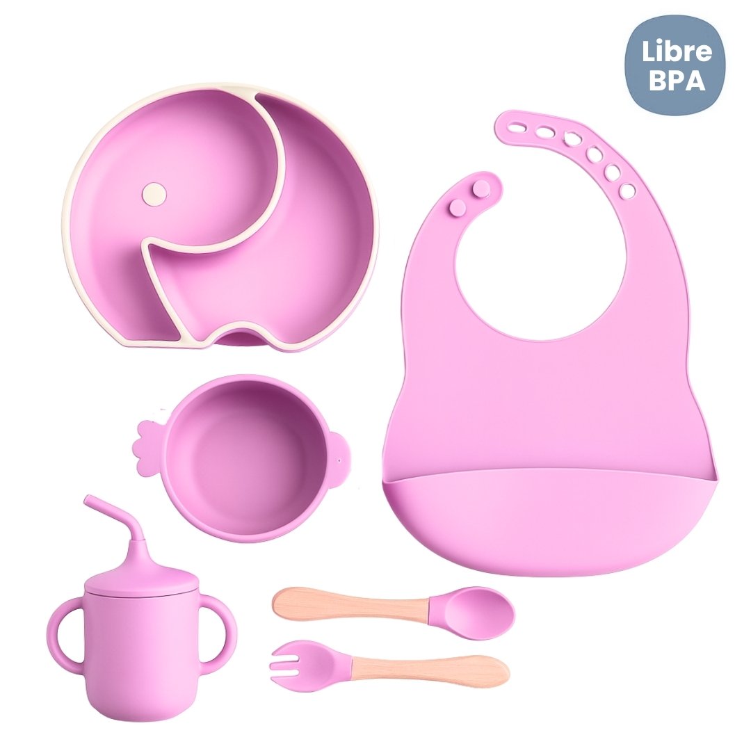 Set de Vajilla  Silicona Alimentación Silueta Elefante Rosa