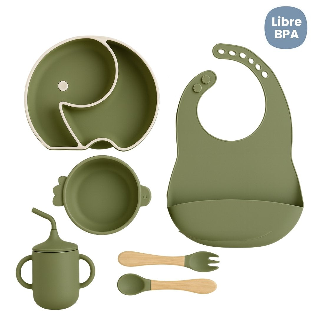 Set de Vajilla  Silicona Alimentación Silueta Elefante Verde Oliva