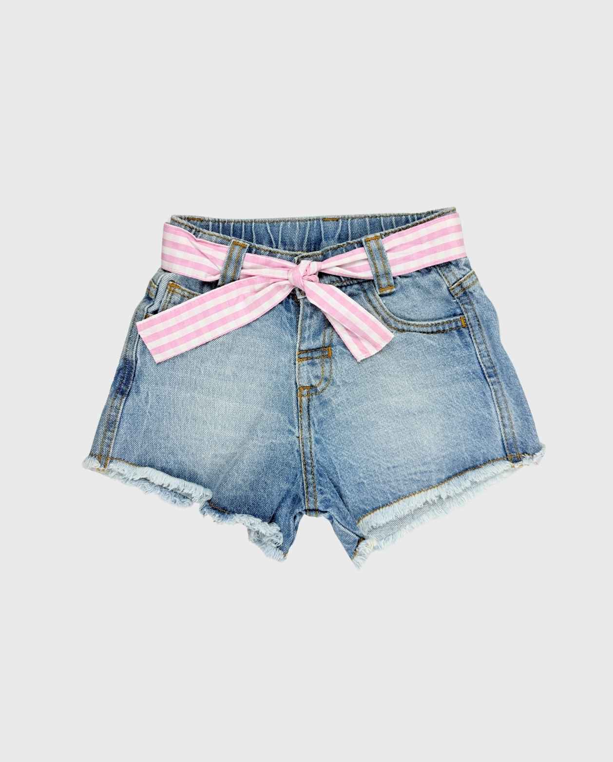 Short Denim Con Cinturón Rosa A Cuadros