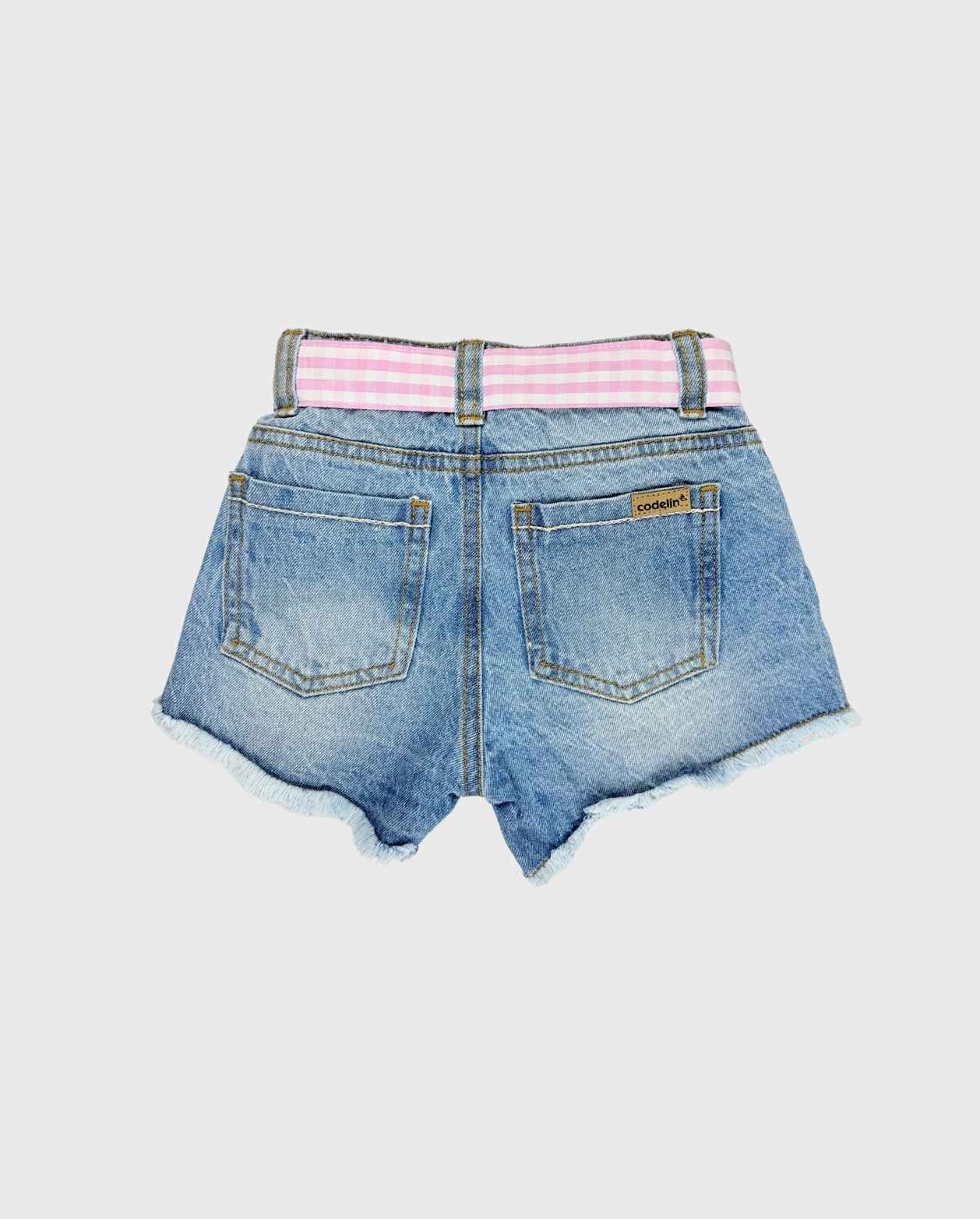 Short Denim Con Cinturón Rosa A Cuadros Detalles