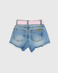 Short Denim Con Cinturón Rosa A Cuadros Detalles
