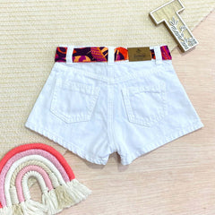 Shorts Cinturon Flores Blanco bolsillo