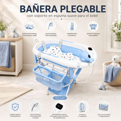 Bañera Plegable para Bebé con Base, Malla y Ducha Manual Azul