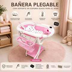 Bañera Plegable para Bebé con Base, Malla y Ducha Manual Rosa