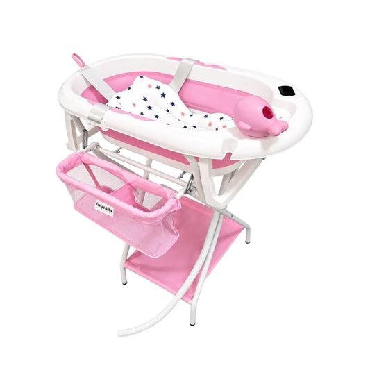 Bañera Plegable para Bebé con Base, Malla y Ducha Manual Rosa