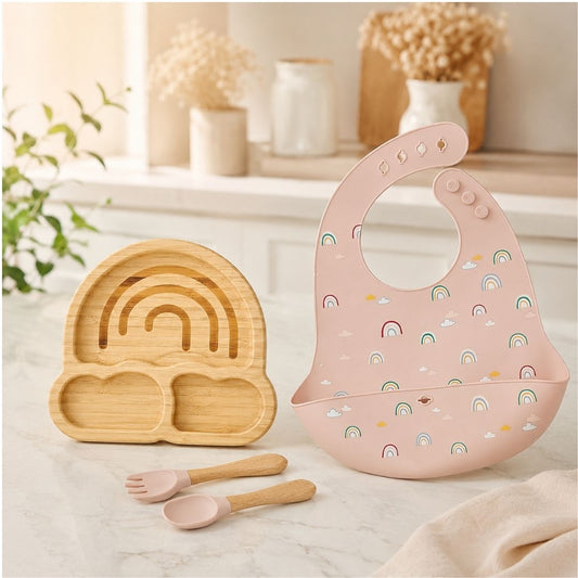 Set de Vajilla En Bamboo y Babero En Silicona Arcoíris