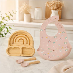 Set de Vajilla En Bamboo y Babero En Silicona Arcoíris