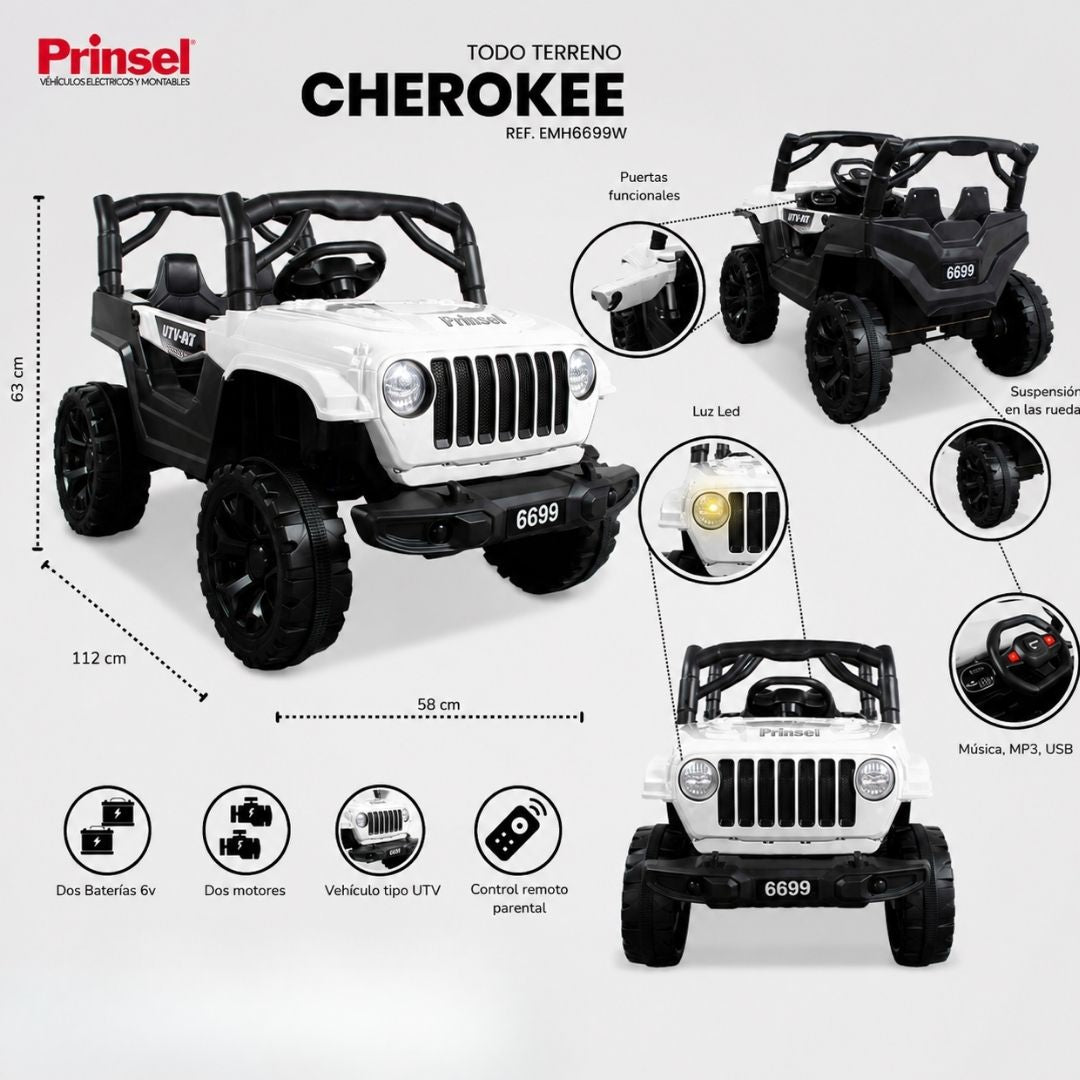 Carro Montable Eléctrico Para Niños Cherokee 12V Blanco DETALLES