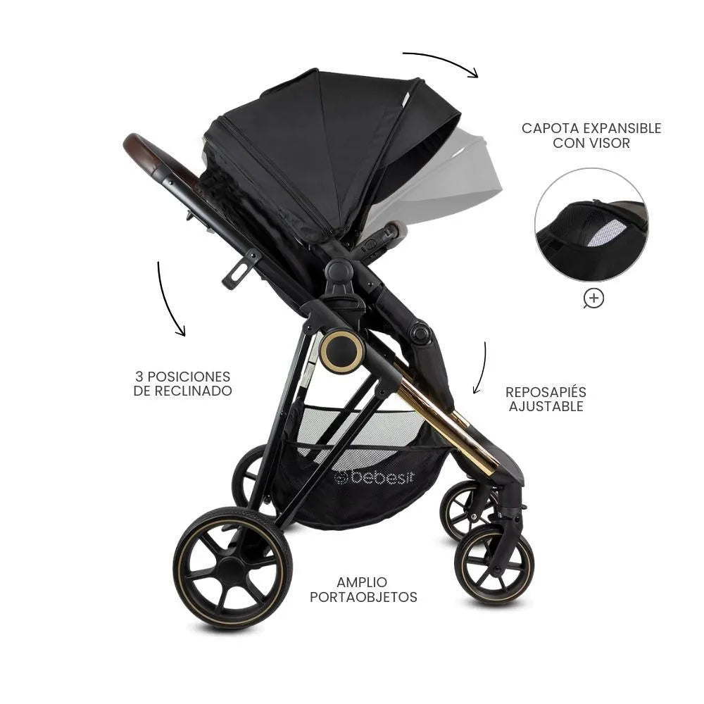 Coche con Porta Bebé Cosmos Gold Premium Negro Bebesit Práctico