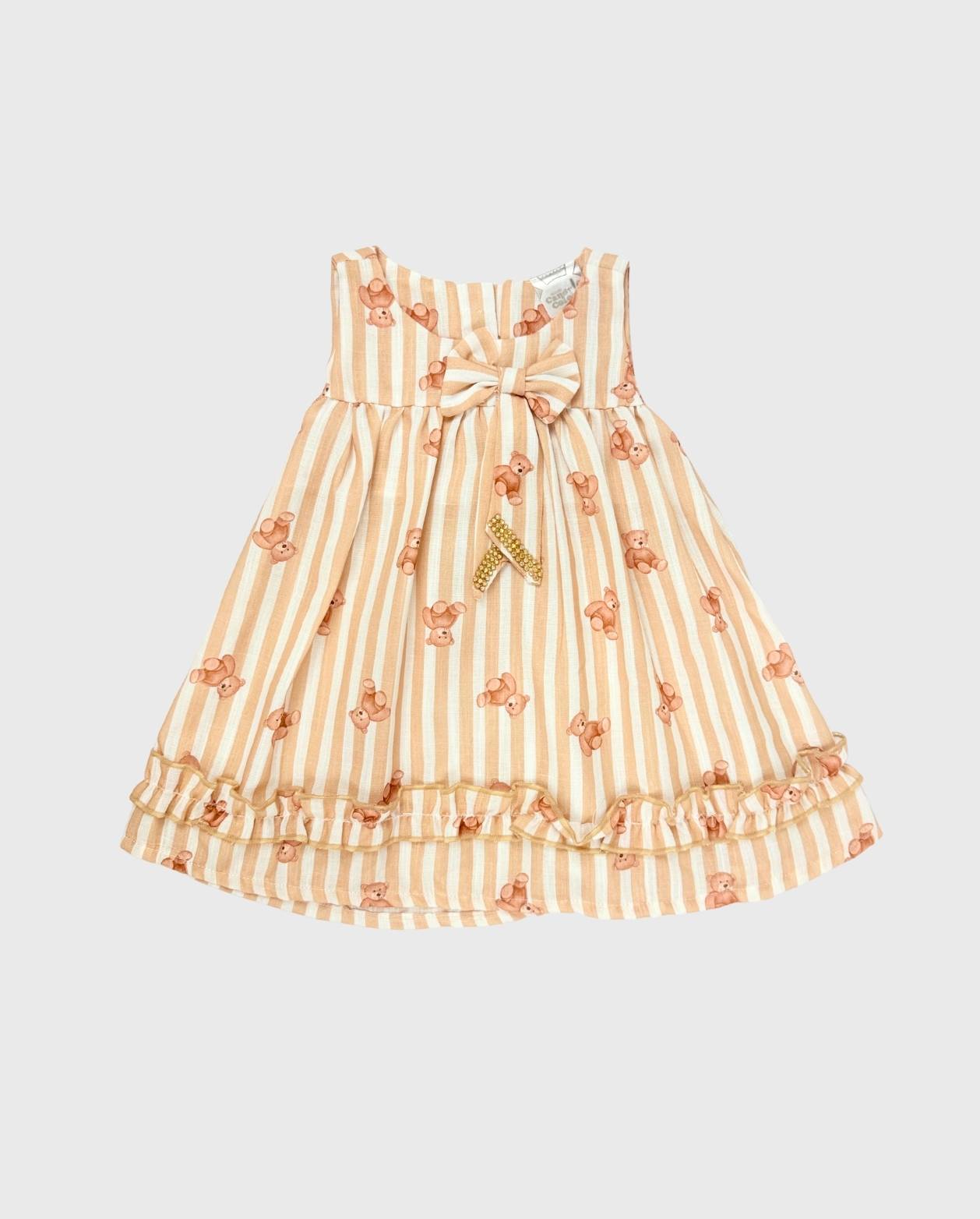 Vestido Con Moño y Estampado De Osos Beige