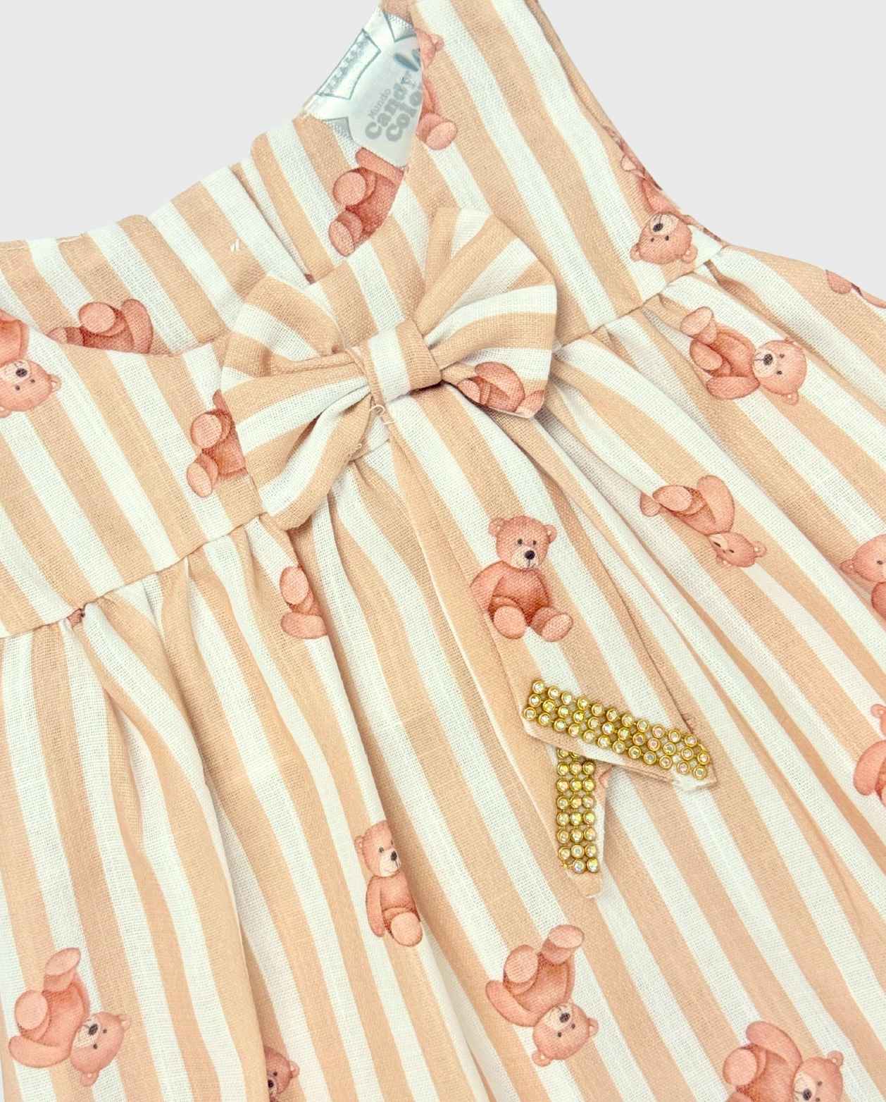 Vestido Con Moño y Estampado De Osos Beige Detalle