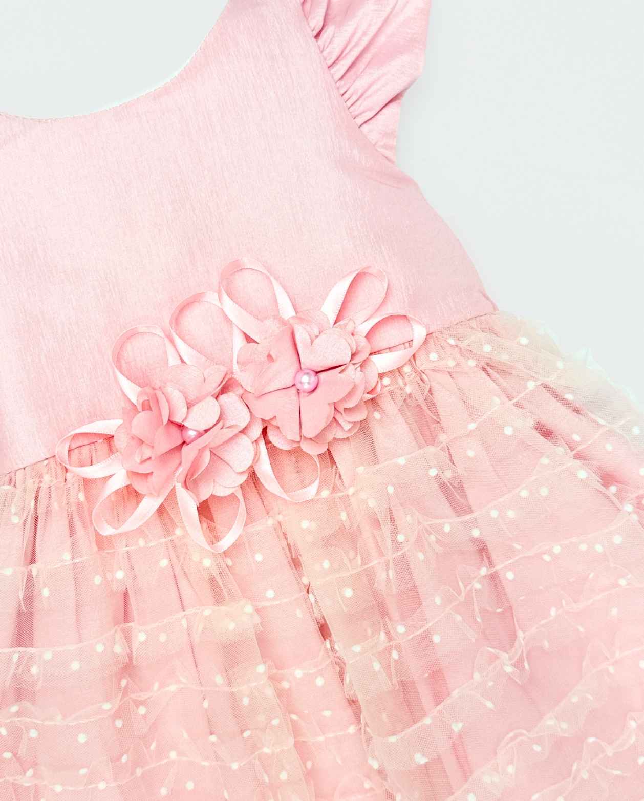 Vestido Detalle Flores Tul Rosa