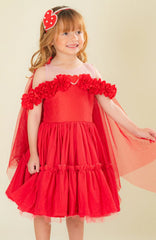 Vestido Fragmento Rojo para niña con tul en capas y flores 3D