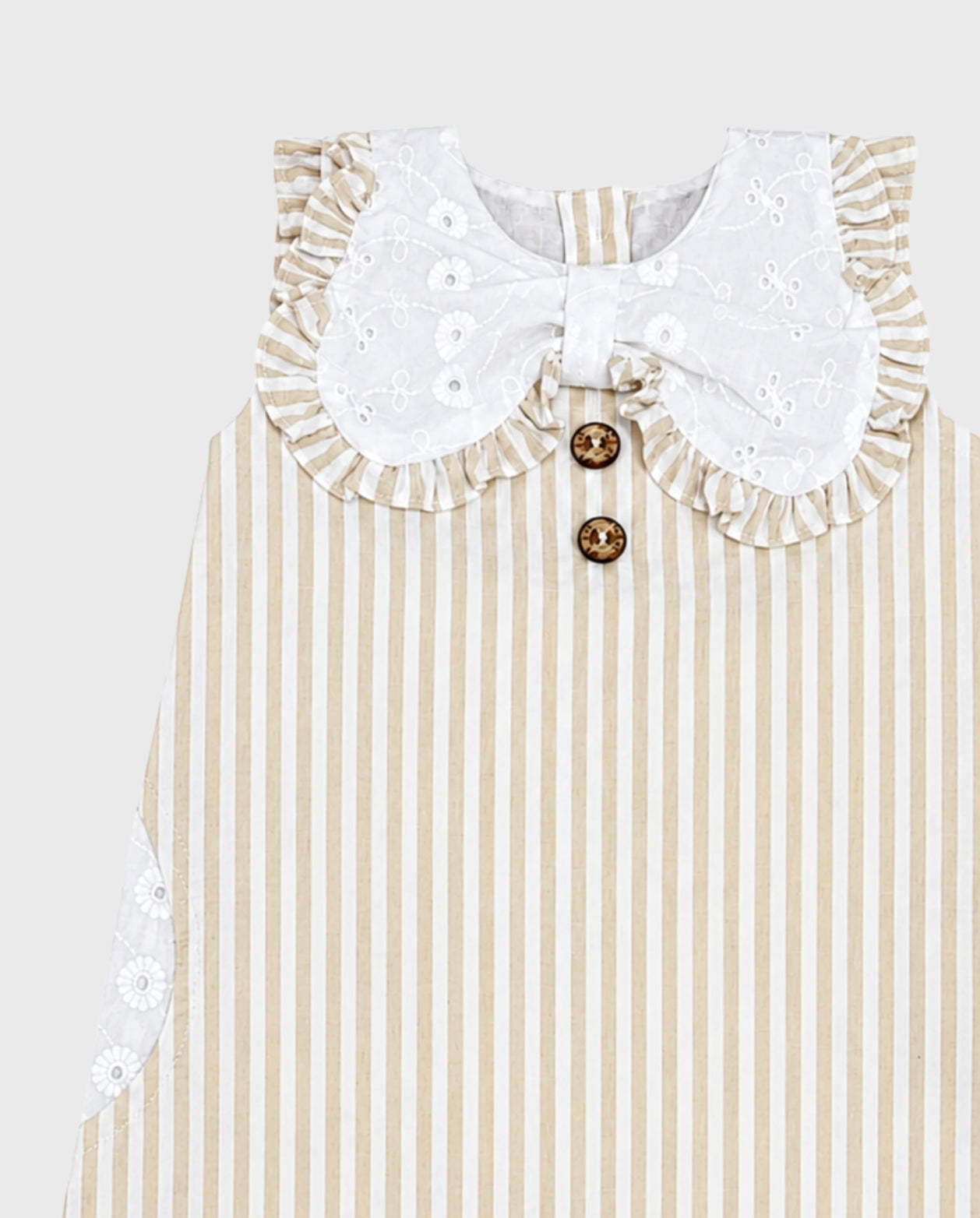 Vestido Rayas Moño Ojalillo Beige detalle