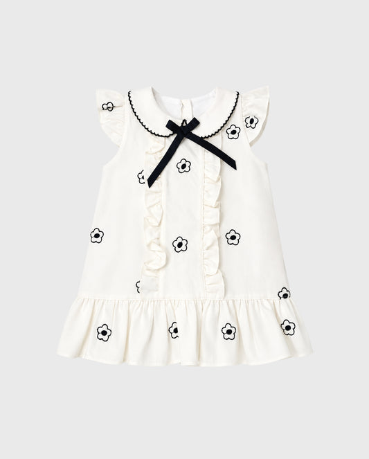 Vestido Volantes Bordado Flores Beige
