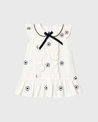 Vestido Volantes Bordado Flores Beige