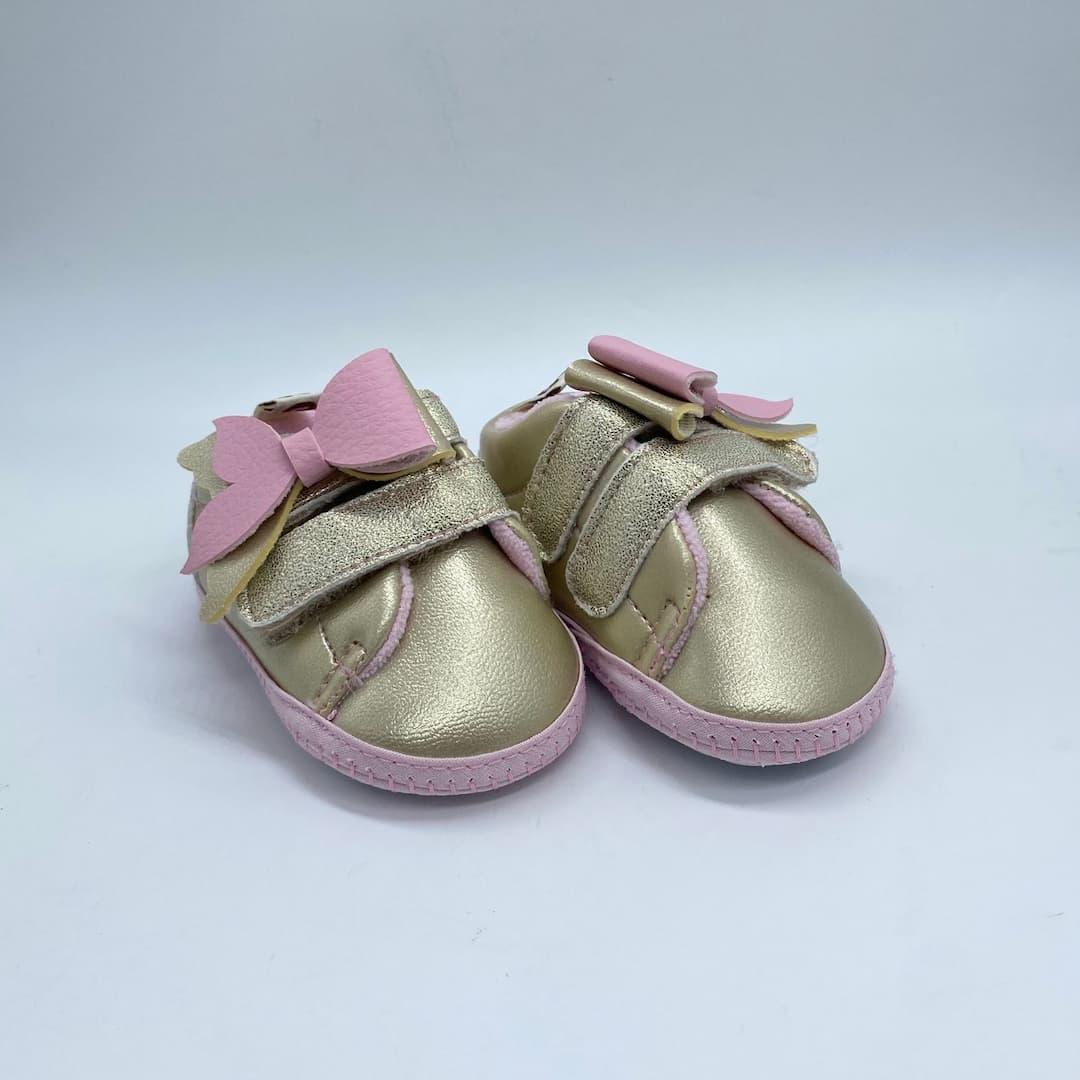 Tenis Sin Suela Velcro Dorado Moño Rosa Melosos