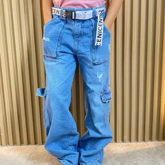 Pantalón Cargo Denim Cinturón Estilo