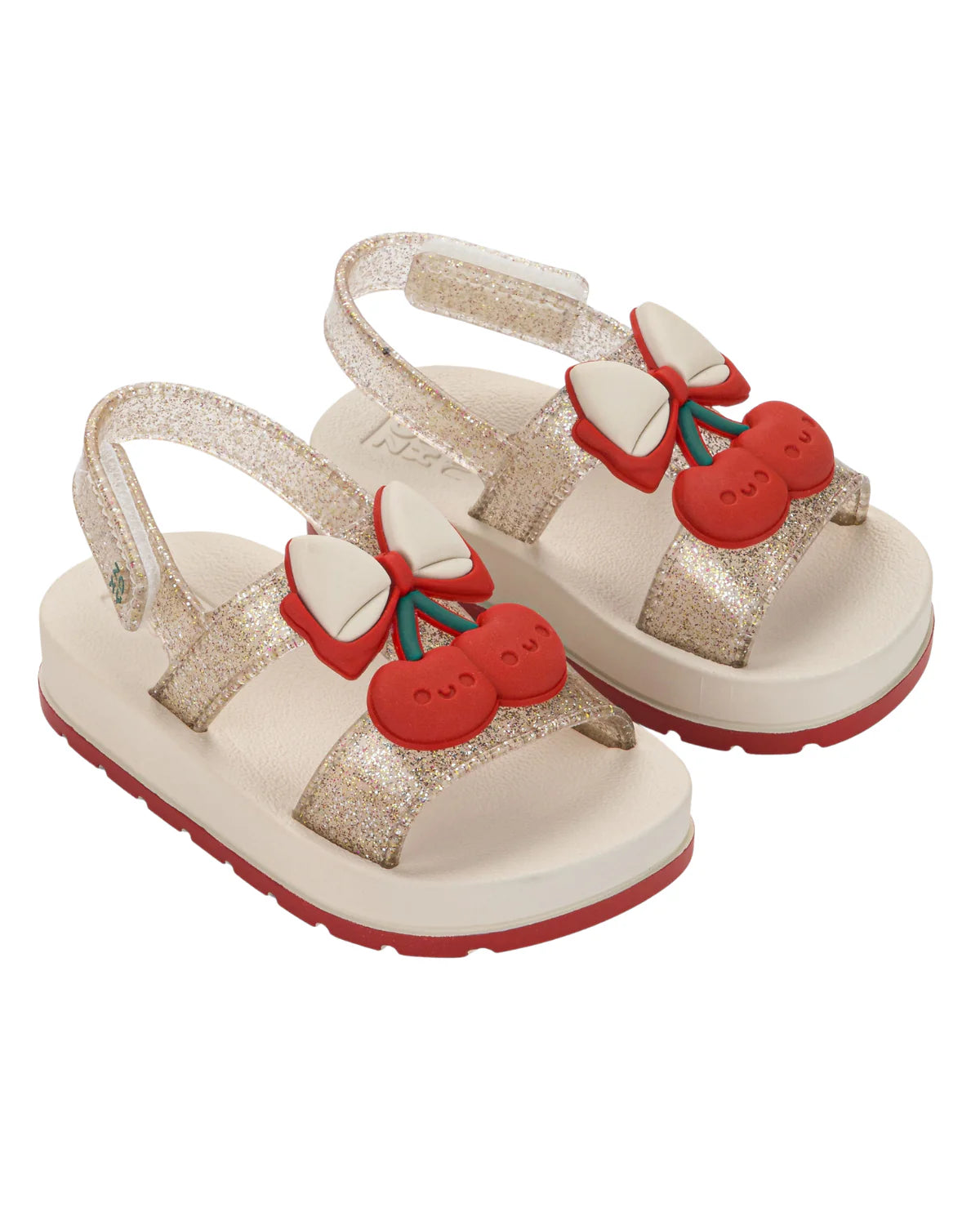 sandalias baby cherry glitter hueso con cerezas rojas 3D