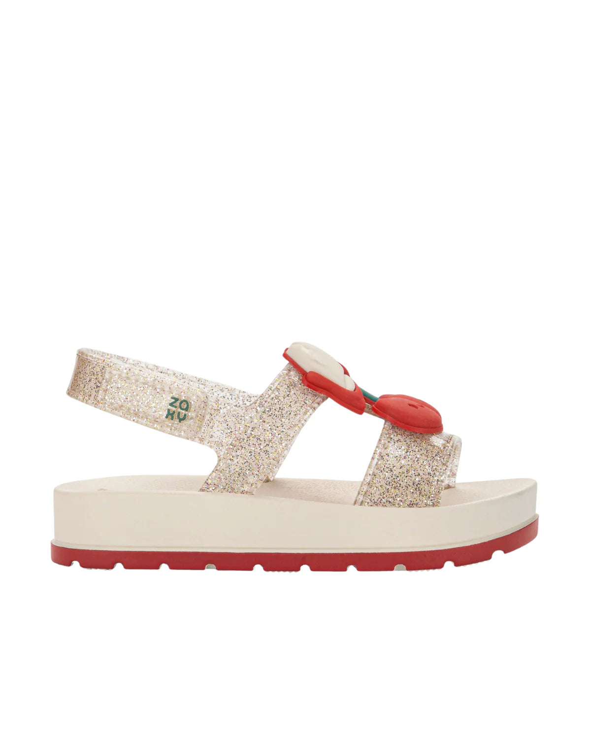 sandalias baby glitter hueso con moños rojos