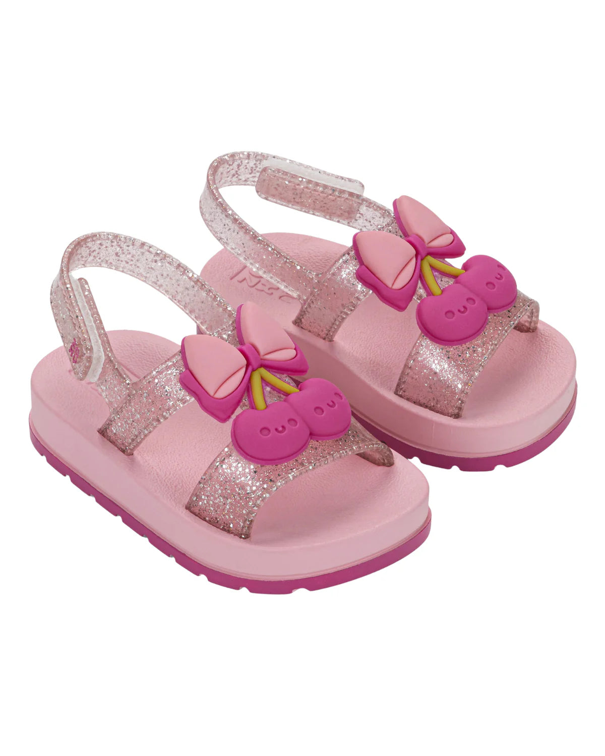 sandalias baby cherry glitter rosa con moños y cerezas
