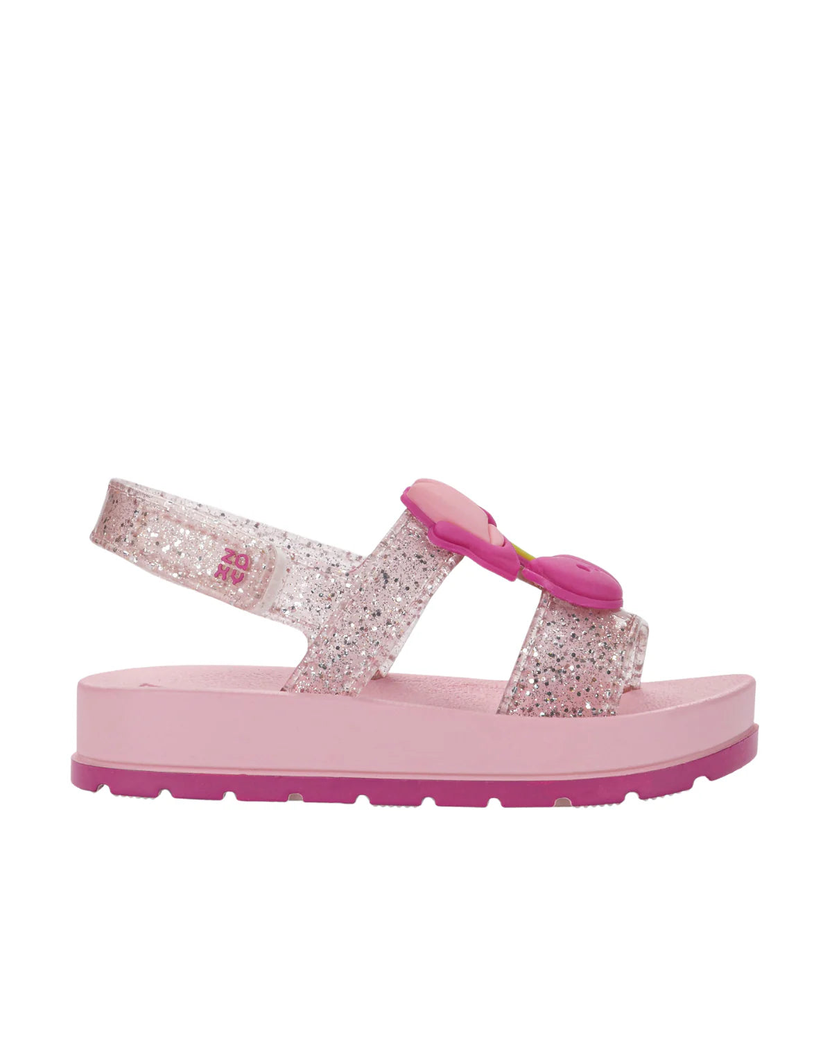 vista lateral sandalias cherry rosa con moño decorativo