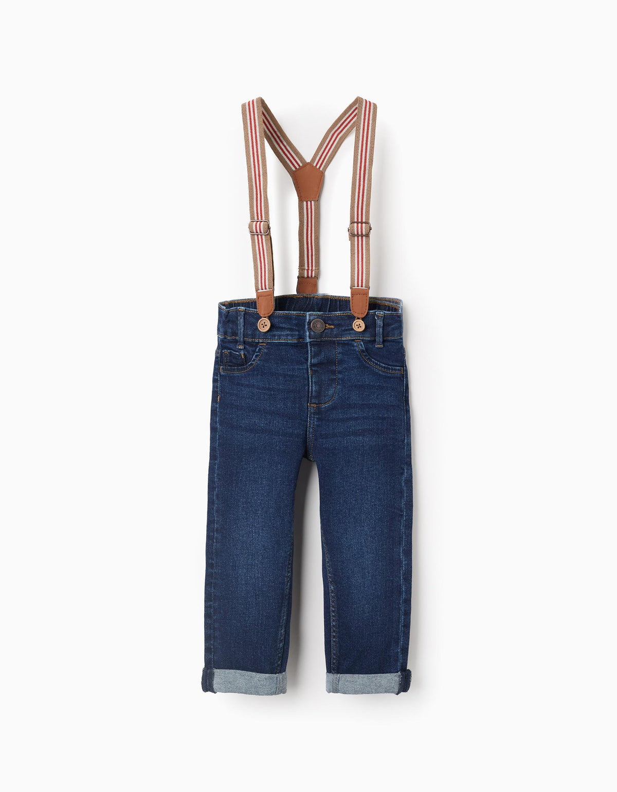 Pantalón bebé denim azul oscuro con tirantes a rayas
