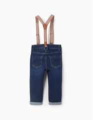 Vista frontal de pantalón bebé azul oscuro con tirantes